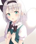  1girl bangs black_neckwear blush bow bowtie commentary_request green_eyes green_vest hair_ribbon head_tilt konpaku_youmu konpaku_youmu_(ghost) looking_at_viewer nibosisuzu parted_lips partial_commentary ribbon shiny shiny_hair shirt short_hair short_sleeves silver_hair simple_background sleeve_cuffs solo standing touhou upper_body vest white_background white_shirt 