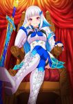  1girl absurdres boots commentary_request crossed_legs hair_ornament highres lize_helesta long_hair looking_at_viewer multicolored_hair nijisanji pink_eyes silver_hair sitting solo sword thigh-highs throne two-tone_hair virtual_youtuber weapon 