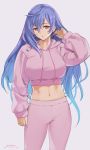  1girl arm_up bangs blue_hair breasts crop_top earrings eyebrows_visible_through_hair grey_background hair_between_eyes highres hood hoodie hoop_earrings iris_heart jewelry kami_jigen_game_neptune_v large_breasts long_hair looking_at_viewer midriff navel neptune_(series) pants red_eyes sendrawz signature sweatpants sweatshirt symbol-shaped_pupils 