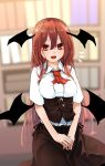  1girl :d ascot bangs black_skirt blurry blurry_background bookshelf breasts brown_eyes commentary corset cowboy_shot demon_wings eyebrows_visible_through_hair fang futatsuki_eru hair_between_eyes head_wings indoors koakuma long_hair looking_at_viewer medium_breasts open_mouth own_hands_together red_neckwear redhead shirt short_sleeves skirt smile solo touhou very_long_hair white_shirt wings 