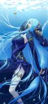 1girl absurdres air_bubble azura_(fire_emblem) bangs bare_legs black_dress blue_hair blue_ribbon breasts bubble commentary_request dress feet_out_of_frame fire_emblem fire_emblem_fates from_side hair_between_eyes highres jewelry long_hair looking_up low-tied_long_hair medium_breasts parted_lips pendant poppy_(poppykakaka) profile ribbon solo thighs underwater veil very_long_hair yellow_eyes 
