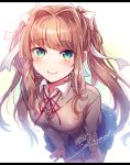  1girl aicedrop alternate_hairstyle blue_skirt blush brown_hair commentary doki_doki_literature_club eyebrows_visible_through_hair eyes_visible_through_hair green_eyes grey_jacket hair_ribbon jacket leaning_forward letterboxed long_hair looking_at_viewer monika_(doki_doki_literature_club) pleated_skirt ribbon school_uniform simple_background skirt smile solo twintails very_long_hair white_ribbon 