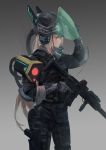  1girl absurdres alternate_costume blonde_hair check_weapon cirilla earphones girls_frontline gradient gradient_background gun handgun helmet highres holster load_bearing_vest long_hair m4_sopmod_ii m4_sopmod_ii_(girls_frontline) multicolored_hair prosthesis prosthetic_arm red_eyes rifle solo streaked_hair thigh_holster trigger_discipline visor_(armor) visor_lift weapon 