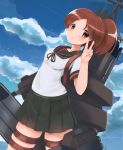  1girl anchor_symbol black_sailor_collar black_skirt blue_sky brown_eyes brown_hair clouds commentary_request cowboy_shot day dutch_angle highres kantai_collection looking_at_viewer machinery ponytail redundant-cat remodel_(kantai_collection) sailor_collar school_uniform serafuku shikinami_(kantai_collection) short_hair skirt sky solo standing v 