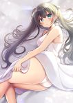  1girl ass backlighting bangs bare_arms bare_shoulders black_hair blue_eyes blush breasts closed_mouth commentary_request dress eyebrows_visible_through_hair feet_out_of_frame grey_ribbon hair_between_eyes hair_ribbon highres looking_at_viewer lying medium_breasts minami_saki moe2020 on_side original panties ribbon sidelocks sleeveless sleeveless_dress solo twintails underwear white_dress white_panties 