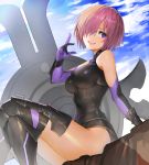  1girl absurdres black_gloves blue_sky breasts clouds day elbow_gloves eyebrows_visible_through_hair fate/grand_order fate_(series) gloves hair_over_one_eye hand_up highres large_breasts mash_kyrielight open_mouth pink_hair purple_gloves shield short_hair sitting sky smile solo teeth thighs two-tone_gloves upper_teeth violet_eyes yuu_kisetu_bi 