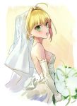  1girl ahoge blonde_hair breasts commentary_request dress fate/grand_order fate_(series) flower green_eyes hair_intakes highres looking_at_viewer medium_breasts nero_claudius_(fate) nero_claudius_(fate)_(all) open_mouth short_hair solo torimahera wedding_dress 