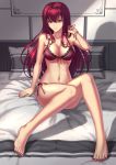  1girl barefoot bra breasts brilliant_naraku fate/grand_order fate_(series) feet highres long_hair looking_at_viewer no_shoes on_bed purple_hair red_eyes scathach_(fate)_(all) scathach_(fate/grand_order) toes underwear 
