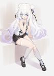  +_+ 1girl absurdres alternate_costume arm_support azur_lane bangs bare_shoulders black_footwear blue_eyes blush commentary deatheach double_bun eyebrows_visible_through_hair finger_in_mouth finger_to_mouth flat_chest garter_straps gradient_hair hair_between_eyes hair_ribbon highres le_malin_(azur_lane) long_hair looking_to_the_side multicolored_hair neck_ribbon open_mouth ribbon short_shorts shorts sidelocks silver_hair simple_background sitting skindentation solo suspender_shorts suspenders symbol-shaped_pupils tank_top thigh-highs very_long_hair white_legwear 