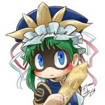  1girl asymmetrical_hair avatar_icon blue_eyes blush_stickers bow chamaji commentary_request epaulettes eyebrows_visible_through_hair green_hair hat hat_ribbon holding long_sleeves looking_at_viewer lowres ribbon ribbon_trim rod_of_remorse shaded_face shiki_eiki short_hair signature solo touhou upper_body vest 