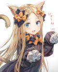  1girl abigail_williams_(fate/grand_order) animal_ears bangs black_bow black_dress blonde_hair blue_eyes blush bow breasts cat_day cat_ears cat_tail dress fate/grand_order fate_(series) forehead hair_bow highres long_hair long_sleeves looking_at_viewer multiple_bows open_mouth orange_bow parted_bangs paw_pose polka_dot polka_dot_bow ribbed_dress simple_background sleeves_past_fingers sleeves_past_wrists small_breasts smile solo tail torino_akua white_background 