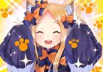  1girl abigail_williams_(fate/grand_order) akirannu animal_ear_fluff animal_ears bangs black_bow blonde_hair bow cat_ears cat_tail closed_eyes commentary_request emotional_engine_-_full_drive fate/grand_order fate_(series) hair_bow long_hair looking_at_viewer multiple_bows open_mouth orange_bow parted_bangs sleeves_past_fingers sleeves_past_wrists solo tail upper_teeth 