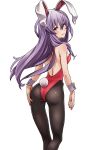  1girl absurdres animal_ears ass bare_shoulders black_legwear breasts bunny_girl bunny_tail bunnysuit closed_mouth commentary_request from_behind hair_between_eyes highres kawayabug leotard lips long_hair looking_at_viewer looking_back pantyhose purple_hair rabbit_ears red_eyes red_leotard reisen_udongein_inaba simple_background small_breasts solo standing tail tears touhou white_background wrist_cuffs 