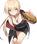  1girl artoria_pendragon_(all) bare_shoulders belt black_jacket black_shirt black_shorts blonde_hair breasts brown_eyes camisole commentary_request fate/grand_order fate_(series) food hamburger hand_on_own_thigh holding holding_food jacket jet_black_king_of_knights_ver._shinjuku_1999 jewelry leaning_forward long_hair looking_at_viewer medium_breasts necklace off_shoulder open_clothes open_jacket outstretched_arm saber_alter shirt short_shorts shorts sleeveless sleeveless_shirt smile solo standing thighs yura_(botyurara) 