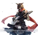 1boy animal_ears arknights armband black_gloves black_pants brown_hair closed_eyes copyright_name courier_(arknights) dated facing_viewer fingerless_gloves gloves goggles goggles_on_head guitar han-0v0 instrument male_focus music pants playing_instrument red_scarf scarf simple_background singing sleeveless white_background