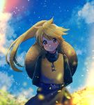  belt blonde_hair blue_sky blush brown_eyes closed_mouth clouds cloudy_sky day flat_chest highres long_hair long_sleeves looking_at_viewer mu_acrt outdoors pokemon pokemon_special ponytail signature sky smile standing yellow_(pokemon) 