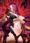  1girl bangs breasts bustier claws fangs fate/grand_order fate_(series) forehead gorgon_(fate) hair_intakes highres large_breasts long_hair looking_at_viewer monster_girl navel parted_bangs parted_lips purple_hair red_background rider scales slit_pupils snake_hair solo thighs very_long_hair violet_eyes zasshu 