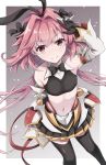  1boy arm_behind_back astolfo_(fate) astolfo_(saber)_(fate) black_bow black_gloves black_legwear black_neckwear black_skirt bow bowtie closed_mouth detached_sleeves eyebrows_visible_through_hair fate/grand_order fate_(series) gloves hair_bow hair_intakes hand_up highres long_hair looking_at_viewer low_twintails male_focus midriff multicolored_hair navel otoko_no_ko pink_hair pleated_skirt skirt smile solo standing streaked_hair thigh-highs tm-pika twintails white_hair wing_collar 