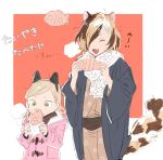  1boy 1girl ^_^ animal_ears bangs blonde_hair blush border brown_hair brown_scarf cat_boy cat_ears cat_tail child closed_eyes closed_mouth coat cowboy_shot dot_nose facing_viewer fake_animal_ears fang food fusuma_(nohbrk) green_eyes hair_over_one_eye hands_up holding holding_food japanese_clothes kimono light_brown_hair long_sleeves medium_hair multicolored_hair open_clothes open_mouth original parted_bangs pink_coat print_kimono red_background sash scarf simple_background smile steam streaked_hair tail taiyaki tsurime upper_body w_arms wagashi white_border white_scarf wide_sleeves winter_clothes yukata |3 