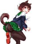  1girl animal_ears ass black_legwear blue_jacket brown_hair cat_ears cat_tail commentary_request from_behind gradient_hair green_sailor_collar green_skirt highres hood hooded_jacket hoodie jacket kantai_collection knck looking_at_viewer multicolored_hair mutsuki_(kantai_collection) open_mouth panties panties_under_pantyhose pantyhose paper redhead remodel_(kantai_collection) round_teeth sailor_collar school_uniform serafuku short_hair simple_background skirt solo standing standing_on_one_leg tail teeth thighband_pantyhose underwear upper_teeth white_background white_panties 