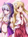  2girls bangs bare_shoulders bikini blonde_hair blush breasts chocolate_heaven_(fate/grand_order) cloak earrings ereshkigal_(fate/grand_order) fate/grand_order fate_(series) hair_ribbon hood hood_up hooded_cloak horned_hood jewelry kama_(fate/grand_order) kouga_(hipporit) large_breasts long_hair looking_at_viewer multiple_girls navel parted_bangs pink_bikini pink_ribbon red_eyes ribbon silver_hair smile swimsuit thigh-highs two_side_up valentine 