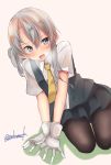  1girl asymmetrical_hair bangs black_legwear commentary_request flipped_hair grey_eyes grey_skirt kamijou_sadame kantai_collection necktie nowaki_(kantai_collection) pantyhose pleated_skirt school_uniform silver_hair sitting skirt solo swept_bangs twitter_username white_background yellow_neckwear yokozuwari 