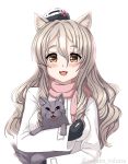  1girl 1other :3 animal_ears black_gloves brown_eyes cat cat_ears commentary_request gloves grey_cat grey_hair hat highres kantai_collection karuna_(madlax) mini_hat pink_scarf pola_(kantai_collection) scarf simple_background smile thick_eyebrows upper_body wavy_hair white_background white_coat white_headwear 