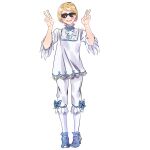  1boy ace_attorney apollo_justice:_ace_attorney blonde_hair blush highres jewelry katsurbusa machi_tobaye male_focus necklace open_mouth ribbon shirt solo sunglasses v white_background white_shirt 