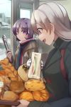  2girls basket bell black_coat blue_eyes bread coat commentary croissant door doorbell food frown grey_hair hair_ornament highres holding holding_basket indoors jacket kizuna_akari kuz long_hair looking_at_another multiple_girls open_mouth purple_hair sandwich scarf shop smile striped striped_scarf tongs v-shaped_eyebrows violet_eyes vocaloid voiceroid yuzuki_yukari 