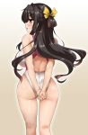  1girl alternate_costume arms_behind_back ass ass_visible_through_thighs backboob bangs bare_arms bare_legs bare_shoulders black_hair blush breasts commentary_request competition_swimsuit cowboy_shot eyebrows_visible_through_hair fang from_behind hair_ribbon highleg highleg_swimsuit highres kantai_collection large_breasts long_hair looking_at_viewer looking_back multicolored_hair naganami_(kantai_collection) one-piece_swimsuit open_mouth pink_hair ribbon simple_background skindentation solo standing sweatdrop swimsuit two-tone_hair wavy_hair yellow_ribbon yoshi_tama 