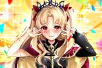  1girl asymmetrical_sleeves bangs between_breasts black_leotard black_nails blonde_hair blush bow breasts cape chiachun0621 closed_mouth confetti detached_collar double_v earrings egasumi emotional_engine_-_full_drive ereshkigal_(fate/grand_order) fate/grand_order fate_(series) gold_trim hair_bow hands_up hood hood_down hooded_cape hoop_earrings infinity jewelry leotard long_hair long_sleeves looking_at_viewer medium_breasts necklace parody parted_bangs red_bow red_cape red_eyes single_sleeve skull smile solo sparkle spine tiara trembling two_side_up v wavy_mouth yellow_neckwear 