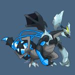  black_kyurem blue_background claws commentary creature english_commentary full_body gen_5_pokemon highres kyurem no_humans pokemon pokemon_(creature) sharp_teeth signature simple_background solo standing teeth white_eyes yellow_sclera zeefster 