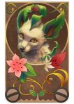  brown_background commentary creature english_commentary face flower gen_4_pokemon gracidea highres leafeon looking_at_viewer no_humans nordeva pokemon pokemon_(creature) realistic solo yellow_eyes 