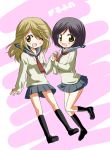  2girls advenchara black_hair blonde_hair blush chibi collared_shirt couple girl_friends_(manga) happy holding_hands interlocked_fingers kumakura_mariko long_hair multiple_girls necktie oohashi_akiko open_mouth school_uniform shirt short_hair simple_background surprised uniform yellow_eyes yuri 