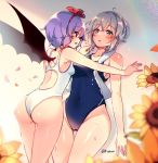  2girls against_wall ahoge ass ass_visible_through_thighs bangs bare_arms bare_shoulders bat_wings blue_eyes blue_swimsuit blush braid breasts collarbone competition_swimsuit covered_navel eye_contact eyebrows_visible_through_hair fang flower groin hair_between_eyes hair_ribbon heart heart-shaped_pupils index_finger_raised izayoi_sakuya kirero lavender_hair looking_at_another medium_breasts multiple_girls one-piece_swimsuit open_mouth petals red_eyes red_ribbon remilia_scarlet ribbon shiny shiny_hair shiny_skin short_hair silver_hair small_breasts standing sunflower swimsuit symbol-shaped_pupils thigh_gap thighs touhou towel towel_around_neck twin_braids twitter_username white_swimsuit wings 