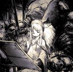  1boy 1girl age_difference armor canvas_(object) cape dark_souls_iii facial_hair hat highres holding holding_sword holding_weapon hood hood_up indoors long_hair long_sleeves mnnnya painting_woman sitting sitting_on_lap sitting_on_person sketch smile souls_(from_software) sword table weapon 
