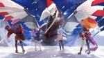  4girls ark_survival_evolved dragon_tail highres hololive houshou_marine kase_(kurimuzone_oruta) kiryuu_coco long_hair minato_aqua monster multiple_girls pantyhose snow snowing tail usada_pekora virtual_youtuber weapon 