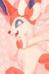  :d blue_eyes creature eyelashes fangs from_side gen_6_pokemon highres looking_at_viewer no_humans open_mouth orcaowl pokemon pokemon_(creature) profile signature smile solo sylveon 