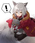  ! 1girl :d animal_ears arknights black_legwear blush coat commentary_request fang grey_hair hood hood_down hug kneeling kyomu_(kyomu_lwl) light_brown_eyes open_mouth pantyhose projekt_red_(arknights) red_coat smile spoken_exclamation_mark stuffed_wolf wolf wolf_ears 