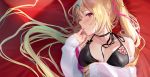  1girl arm_across_waist bare_shoulders bikini black_bikini blonde_hair breasts choker floral_print hair_ornament hair_ribbon hand_up highres hoshikawa_sara long_hair looking_at_viewer lying medium_breasts musunde_hiraite_(mh5jta) nijisanji on_back parted_lips red_eyes ribbon rose_print side_ponytail solo swimsuit upper_body virtual_youtuber x_hair_ornament 