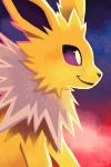  closed_mouth creature from_side gen_1_pokemon jolteon no_humans orcaowl pokemon pokemon_(creature) profile signature smile solo spikes violet_eyes 