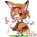  &gt;_o 1girl ;d animal_ear_fluff animal_ears bangs black_footwear blush_stickers brown_dress brown_eyes brown_hair character_request chibi colored_shadow commentary_request copyright_request dress eighth_note eyebrows_visible_through_hair fang flower fox_ears fox_girl fox_tail full_body hair_between_eyes hair_flower hair_ornament hairclip heart heart_in_eye kneehighs long_sleeves looking_at_viewer looking_to_the_side musical_note nyano21 one_eye_closed one_side_up open_mouth pink_flower puffy_long_sleeves puffy_sleeves quarter_note red_ribbon ribbon shadow shirt short_hair signature sleeveless sleeveless_dress sleeves_past_wrists smile solo standing standing_on_one_leg star symbol_in_eye tail tail_ribbon treble_clef white_background white_legwear white_shirt x_hair_ornament 
