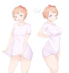  1girl :d blue_eyes bow breasts cowboy_shot doki_doki_literature_club english_text hair_bow highres kkyz13 lifted_by_self light_brown_hair looking_at_viewer medium_breasts multiple_views no_pants open_mouth pajamas_challenge red_bow sayori_(doki_doki_literature_club) shirt shirt_lift short_hair simple_background sketch smile t-shirt taut_clothes taut_shirt white_background white_shirt 