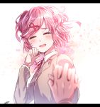  1girl :d aicedrop bangs blurry blurry_foreground blush closed_eyes commentary_request depth_of_field doki_doki_literature_club facing_viewer grey_jacket hair_ornament hair_ribbon hairclip hand_up happy holding_hands interlocked_fingers jacket letterboxed long_sleeves natsuki_(doki_doki_literature_club) open_mouth pink_hair pov pov_hands red_ribbon ribbon school_uniform short_hair signature simple_background smile solo_focus swept_bangs two_side_up upper_body white_background 
