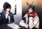 2boys animal_ears arknights armband black_hair black_jacket blue_eyes blurry blurry_background courier_(arknights) doctor_(arknights) elbows_on_table gloves goggles hand_up hood hooded_jacket indoors jacket long_sleeves male_focus mibu_(1064493753) multiple_boys paper pocket red_gloves red_scarf scarf sitting smile table visor white_jacket 