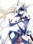  1girl backless_outfit bare_shoulders blazblue blonde_hair blue_eyes breasts cape cloak forehead_protector glowing glowing_eye glowing_eyes headgear long_hair looking_at_viewer mecha_musume mu-12 navel noel_vermillion revealing_clothes sk_(ryolove) solo thigh-highs white_background 