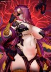  1girl bangs breasts bustier claws domino_mask fangs fate/grand_order fate_(series) forehead gorgon_(fate) hair_intakes highres large_breasts long_hair mask monster_girl navel parted_bangs parted_lips purple_hair red_background rider scales snake_hair solo thighs very_long_hair zasshu 