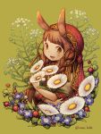  1girl animal_ears bangs blue_flower braid brown_hair commentary_request eyebrows_visible_through_hair flower green_background holding holding_flower kiitos leaf long_sleeves looking_at_viewer open_mouth original plant rabbit_ears red_flower red_headwear short_sleeves simple_background smile solo twin_braids twintails twitter_username white_flower 