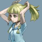  1girl blonde_hair breasts commentary_request furrowed_eyebrows grey_background lillie_(pokemon) looking_away medium_breasts mouth_hold pokemon pokemon_(game) pokemon_usum polyacryla ponytail serious sidelocks simple_background solo tying_hair upper_body 