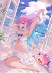  1girl absurdres armpits bare_arms bare_shoulders barefoot bibimbub blue_hair commentary feet highres hololive looking_at_viewer minato_aqua morning navel on_bed pink_hair see-through violet_eyes virtual_youtuber 